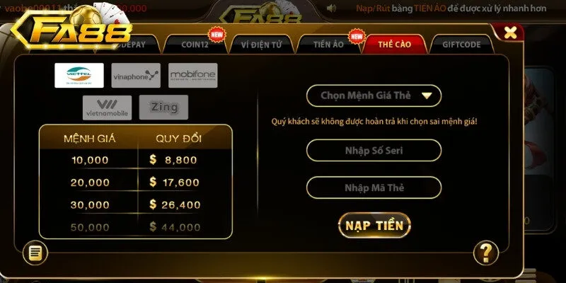 Nạp tiền FA88 từ thẻ điện thoại